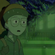 Tulip stares at a rushing train that has an eerie green light being emitted from its windows.